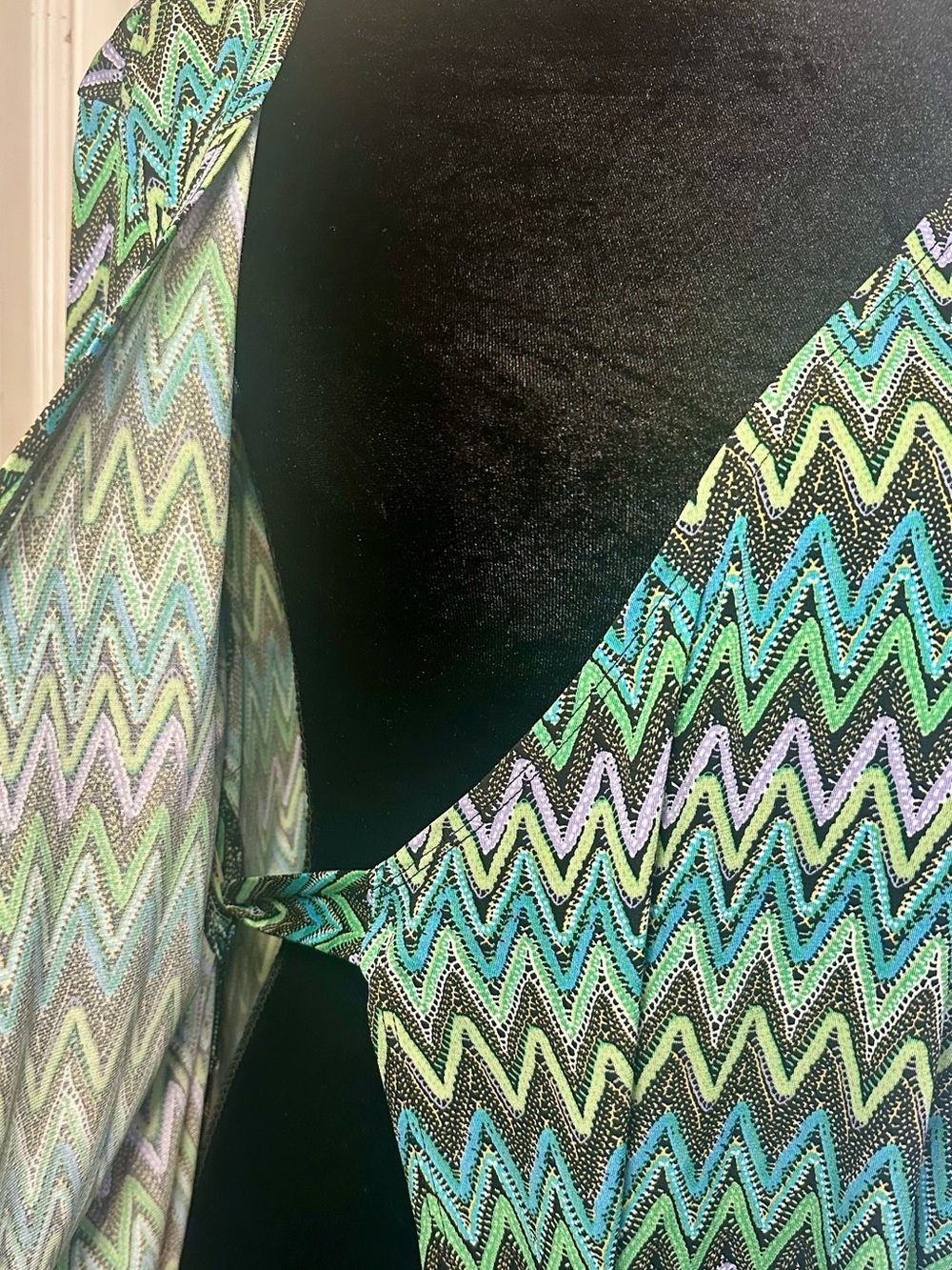 Vintage Y2K Zigzag Faux Wrap Dress Petite 8P Blue Green Jersey Stretch - Picture 6 of 11